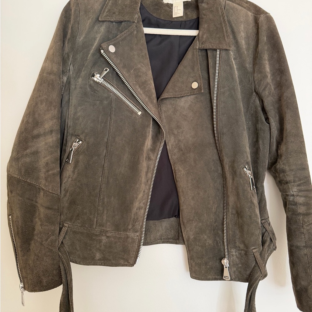 H&M Olive Suede Leather Jacket with Silver Accents